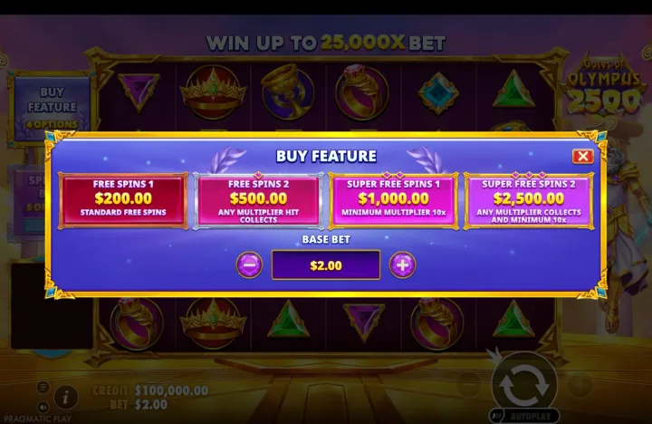 Buy Feature overlay listing four options: "FREE SPINS 1 $200.00", "FREE SPINS 2 $500.00", "SUPER FREE SPINS 1 $1,000.00", and "SUPER FREE SPINS 2 $2,500.00" at base bet "$2.00".