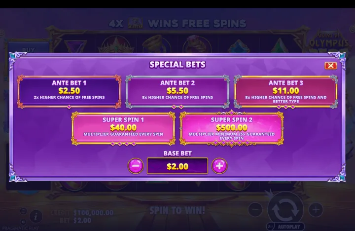 Special Bets overlay listing five options: "ANTE BET 1 $2.50", "ANTE BET 2 $5.50", "ANTE BET 3 $11.00", "SUPER SPIN 1 $40.00", and "SUPER SPIN 2 $500.00" at base bet "$2.00".