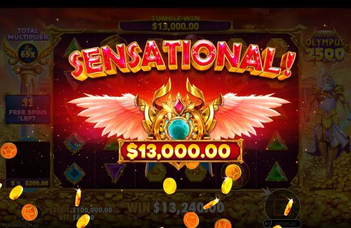 Win presentation screen displaying "SENSATIONAL!" with a winged emblem and the figure "$13,000.00"; total win shown below as "$13,240.00".