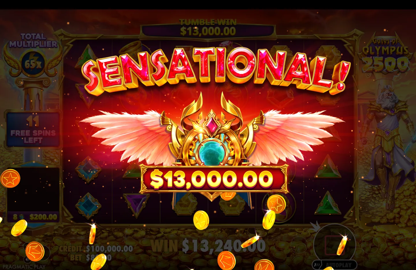 Win presentation screen displaying the word sensational with a winged emblem and a large win figure.