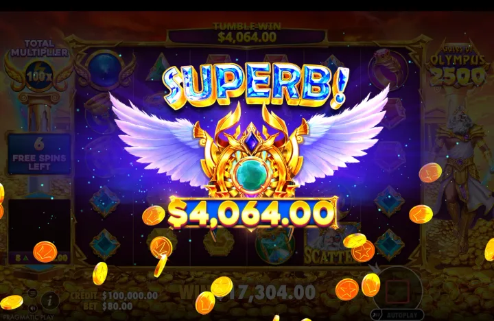 Win presentation screen displaying "SUPERB!" with a winged emblem and the figure "$4,064.00"; total win shown below as "$7,304.00".