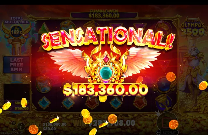 Win presentation screen displaying "SENSATIONAL!" with a winged emblem and the figure "$183,360.00"; total multiplier "169x", "LAST FREE SPIN" shown, and accumulated win partially visible.